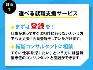 理由1 選べる就職支援サービス ●まずは登録を！仕事があってすぐに相談に行けないという方でも大丈夫！会員登録をしていただけます。 ●転職コンサルタントに相談すぐに仕事を探したい、という方には登録後専任のコンサルタントと面談ができます。