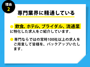 理由2 専門業界に精通している ●飲食、ホテル、ブライダル、流通業に特化した求人をご紹介しています。 ●専門ならではの常時100社以上の求人を　ご用意して皆様を、バックアップいたし　ます。