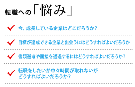 転職への「悩み」今、成長している企業はどこだろうか？　・目標が達成できる企業と出会うにはどうすればよいだろうか　・書類選考や面接を通過するにはどうすればよいだろうか？　・転職をしたいが中々時間が取れないがどうすればよいだろうか？