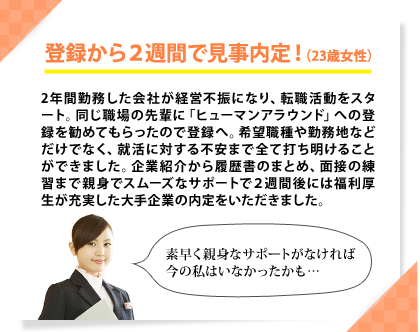 登録から２週間で見事内定！（23歳女性）　2年間勤務した会社が経営不振になり、転職活動をスタート。同じ職場の先輩に「ヒューマンアラウンド」への登録を勧めてもらったので登録へ。希望職種や勤務地などだけでなく、就活に対する不安まで全て打ち明けることができました。企業紹介から履歴書のまとめ、面接の練習まで親身でスムーズなサポートで２週間後には福利厚生が充実した大手企業の内定をいただきました。